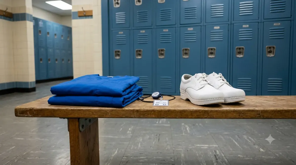 Hospital locker room bench with folded scrubs, a badge reel, and nursing shoes
