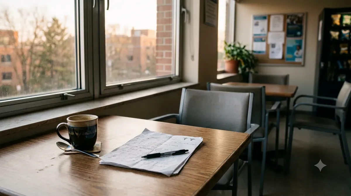 Hospital break room table with a coffee cup, a folded report sheet, and a pen