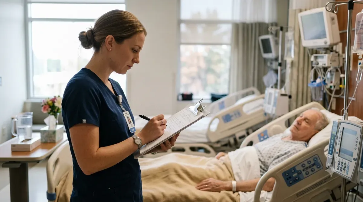 Nurse reviewing an ICU brain sheet at the bedside