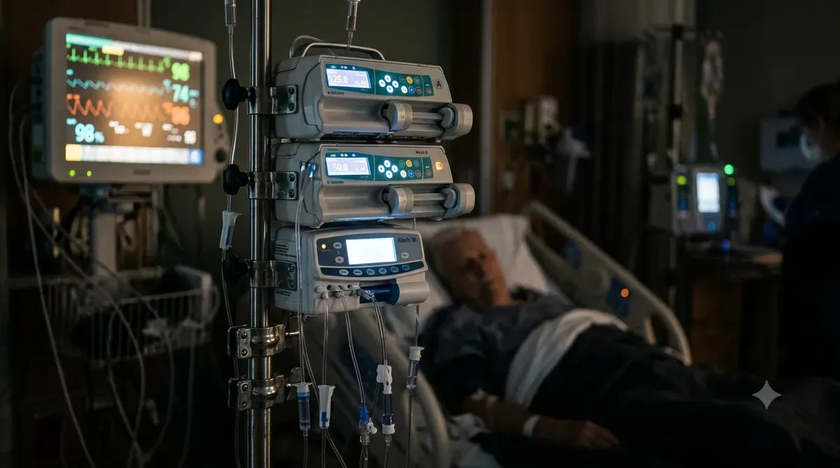 IV pumps and monitor at the bedside IV infusion pumps beside a hospital bed with a patient monitor in the background