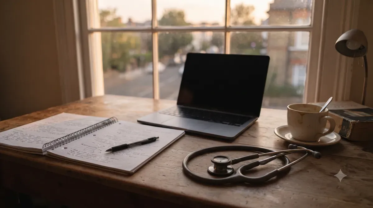 Nursing student study desk with an open notebook, stethoscope, and mug