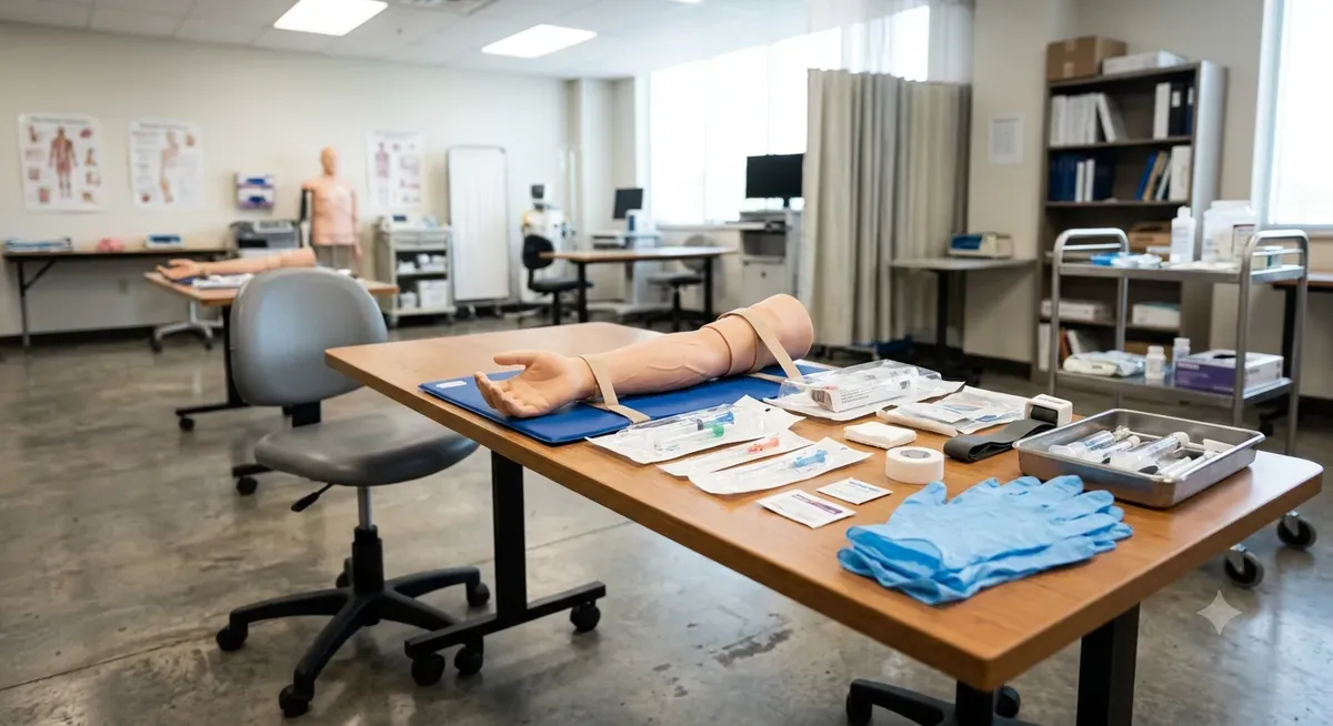 Hospital skills lab with a training manikin arm and IV practice kit