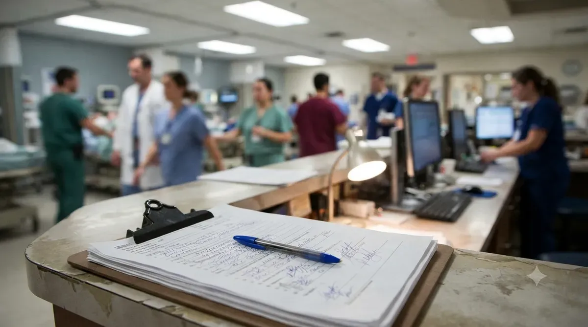 ER nurse report sheet on a clipboard at an emergency department station