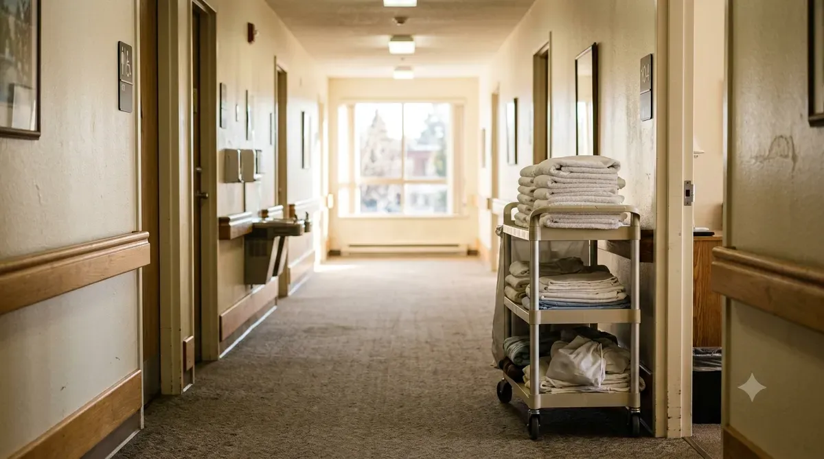 Long-term care hallway in the morning with a linen cart beside a doorway