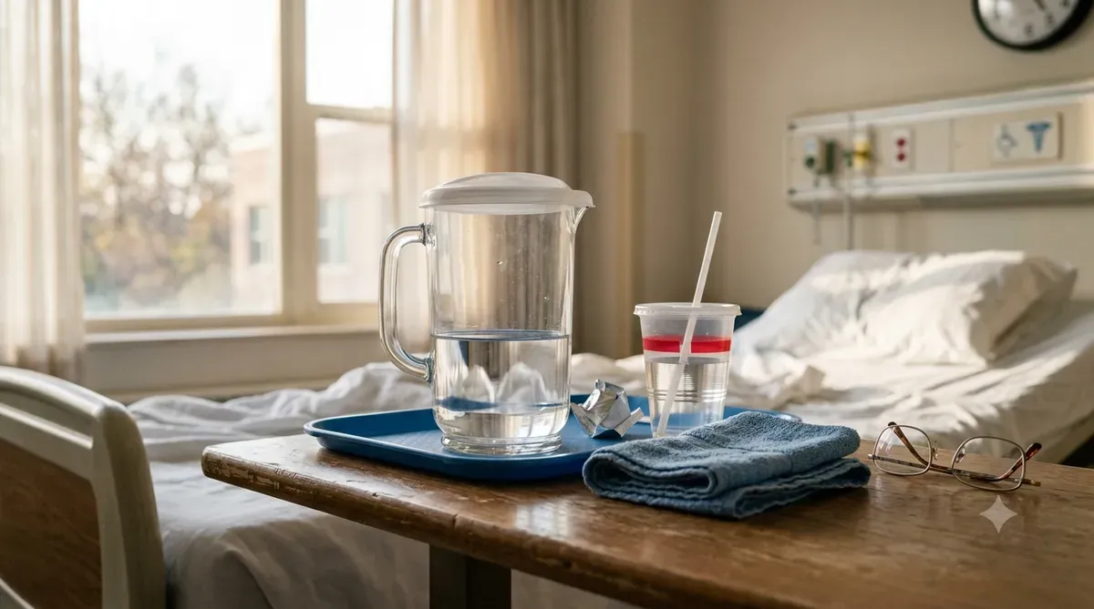 Resident room bedside table with a covered water pitcher and cup