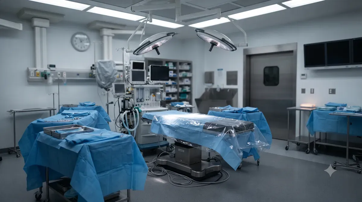 Empty operating room prepared before a case with surgical lights and draped trays