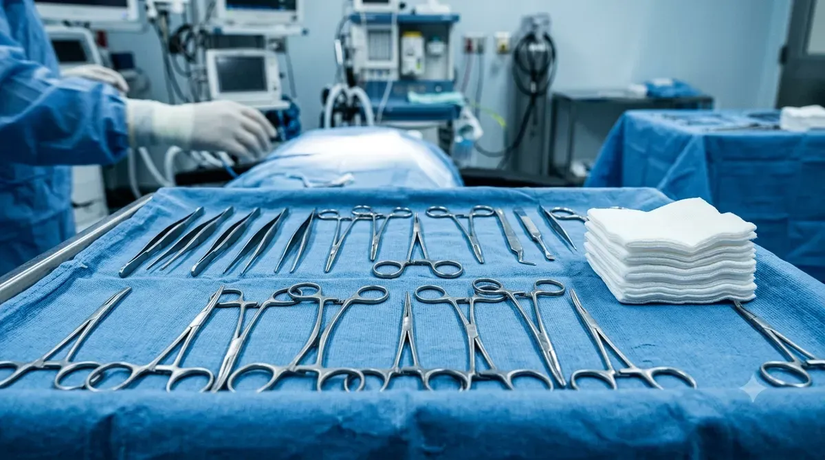 Sterile instrument tray with forceps and clamps on a blue surgical drape