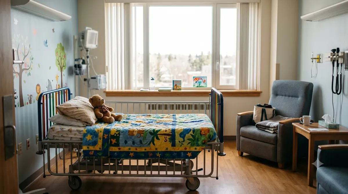 Bright pediatric hospital room with a small bed and a stuffed animal