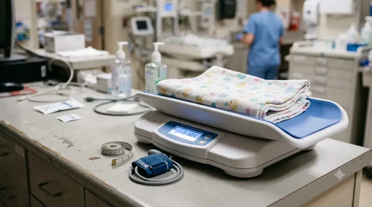 Pediatric scale with a folded blanket and an infant blood pressure cuff