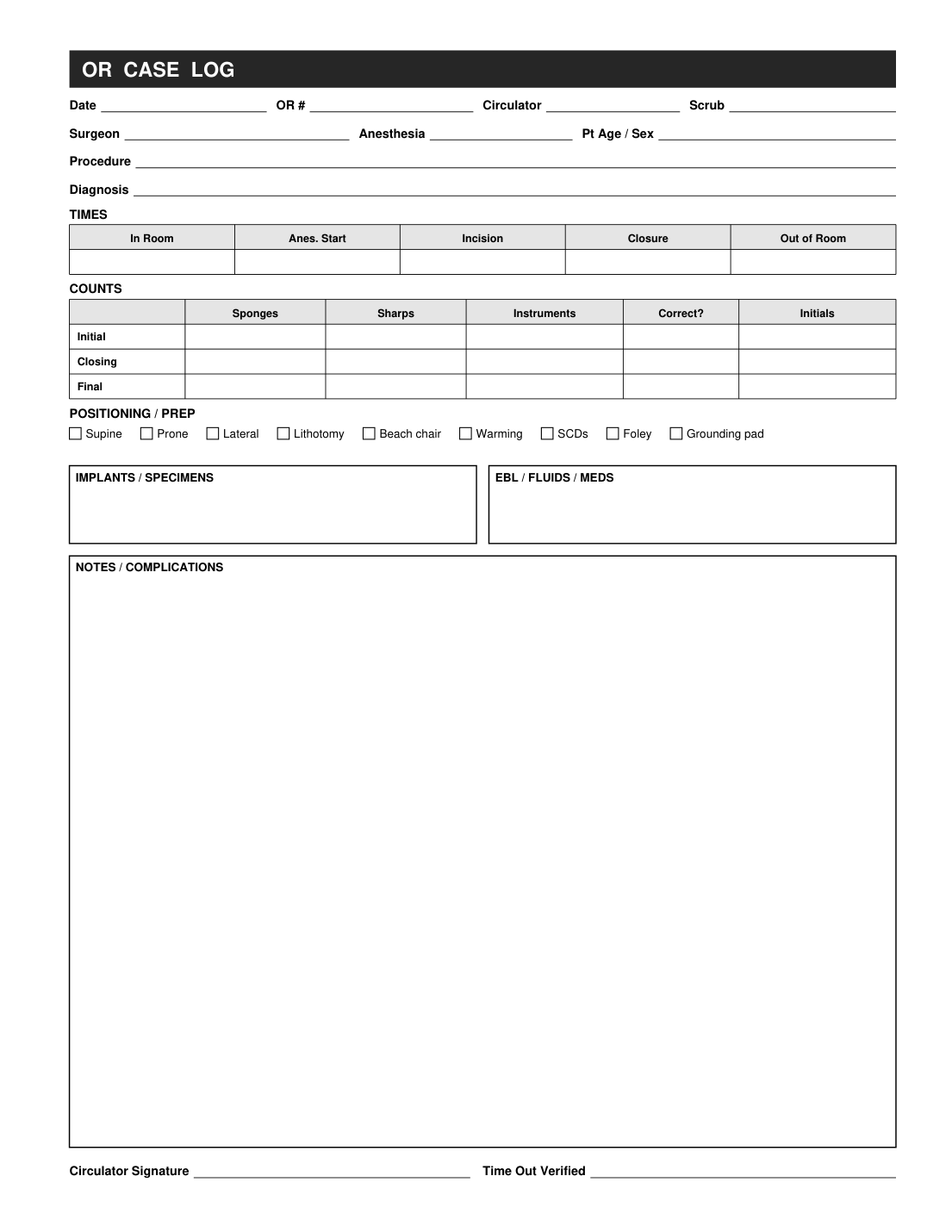 OR case log interior page
