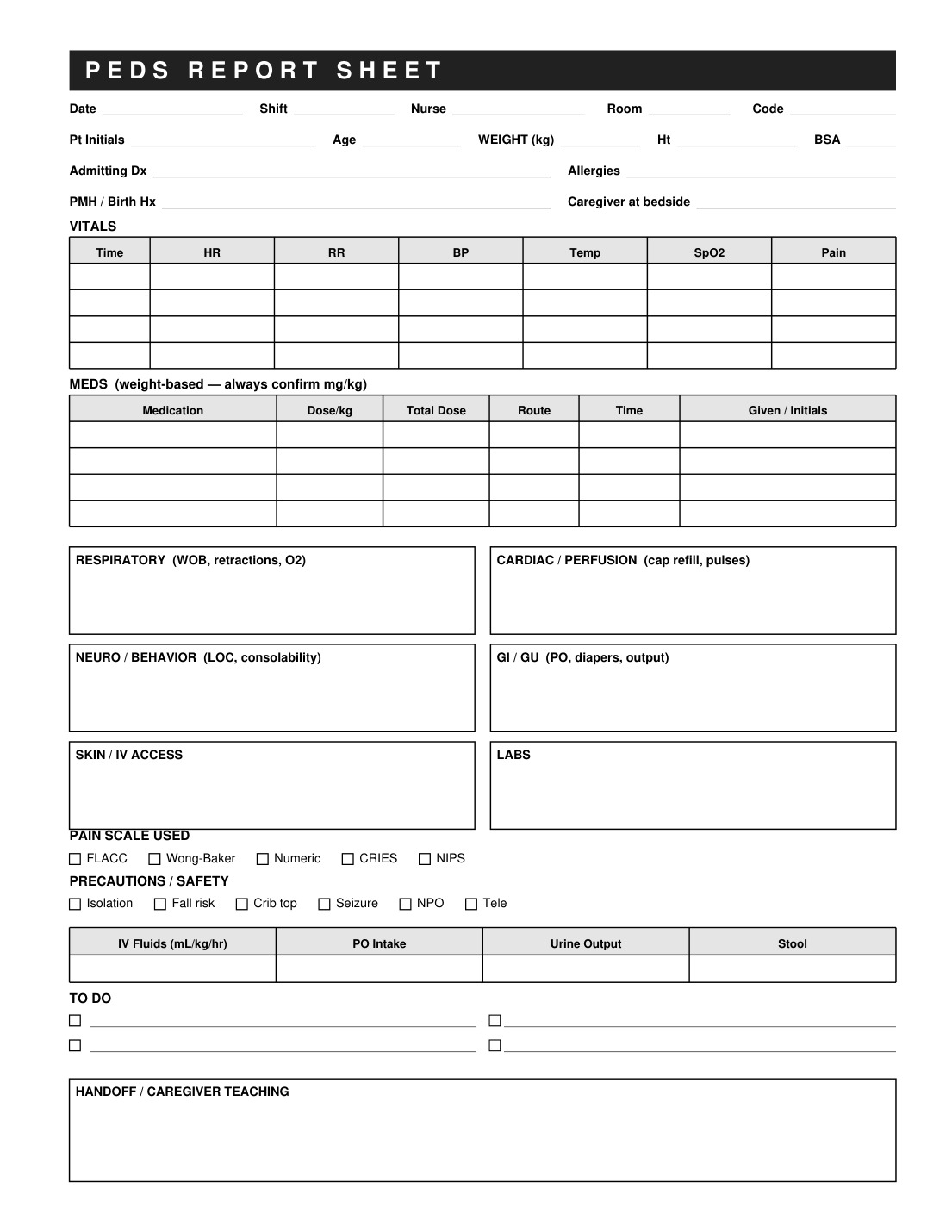 Pediatric report sheet interior page