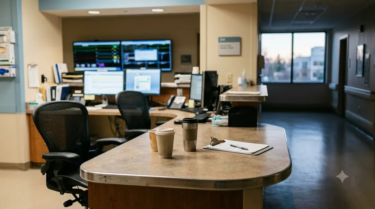 Quiet nurses' station at shift change with a clipboard and two coffee cups