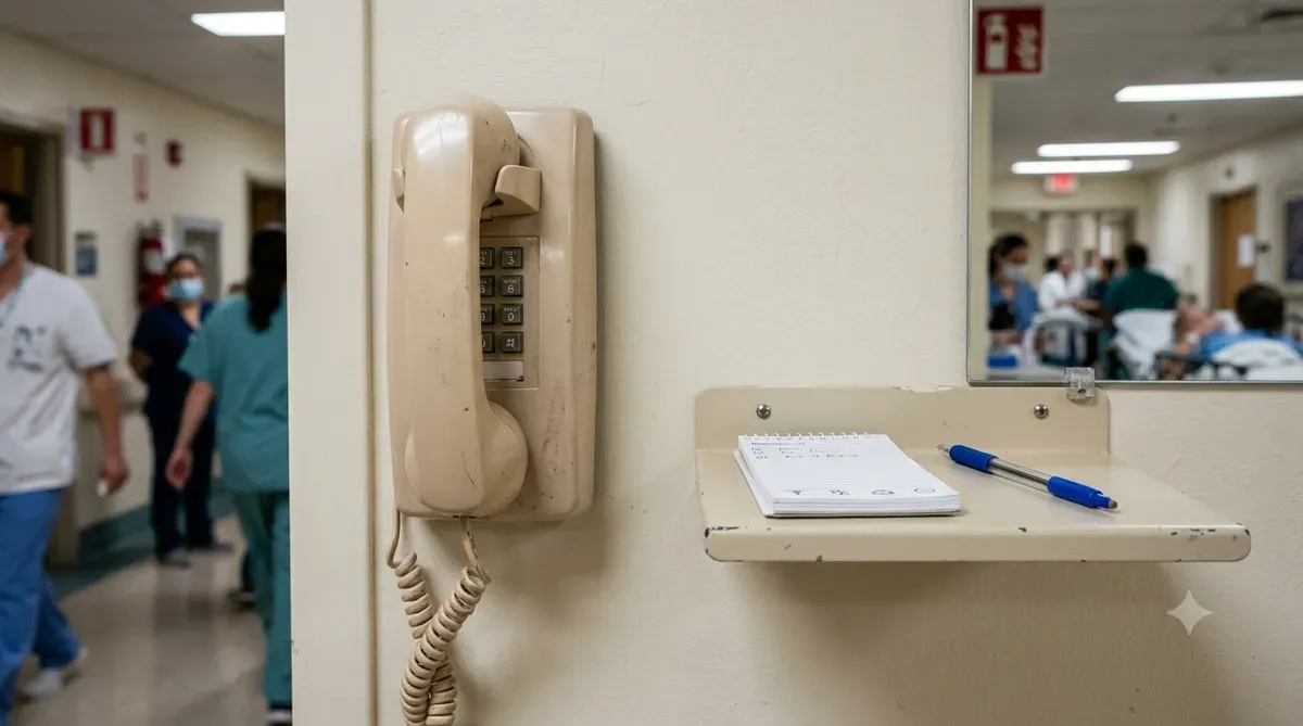 Wall-mounted hospital telephone beside a notepad and pen