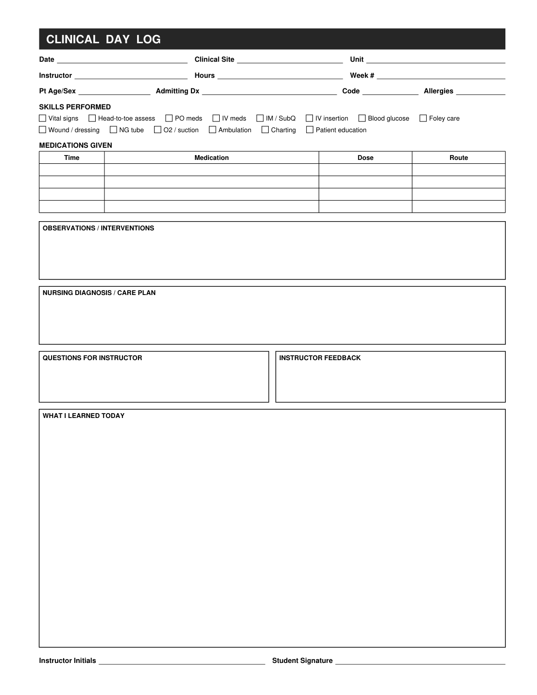 Nursing student clinical log interior page