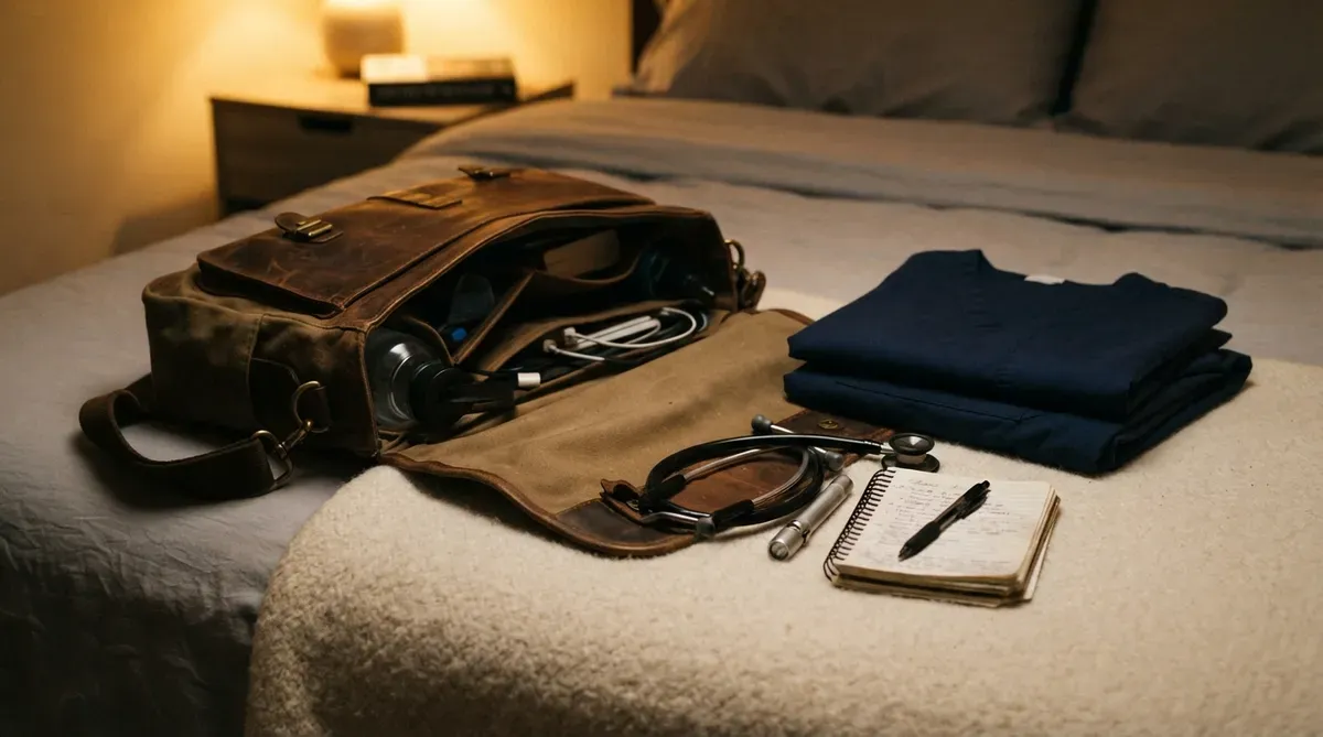 Nursing student bag packed the night before clinical with scrubs and a stethoscope