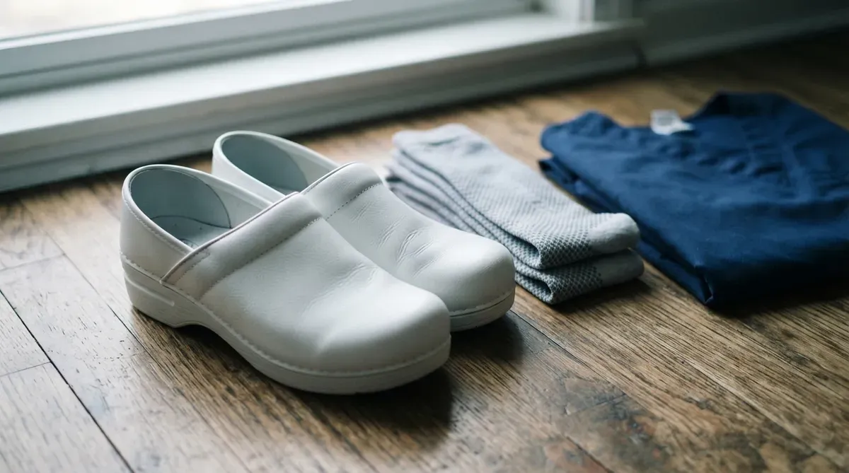 Wipeable nursing shoes and compression socks beside a folded scrub top