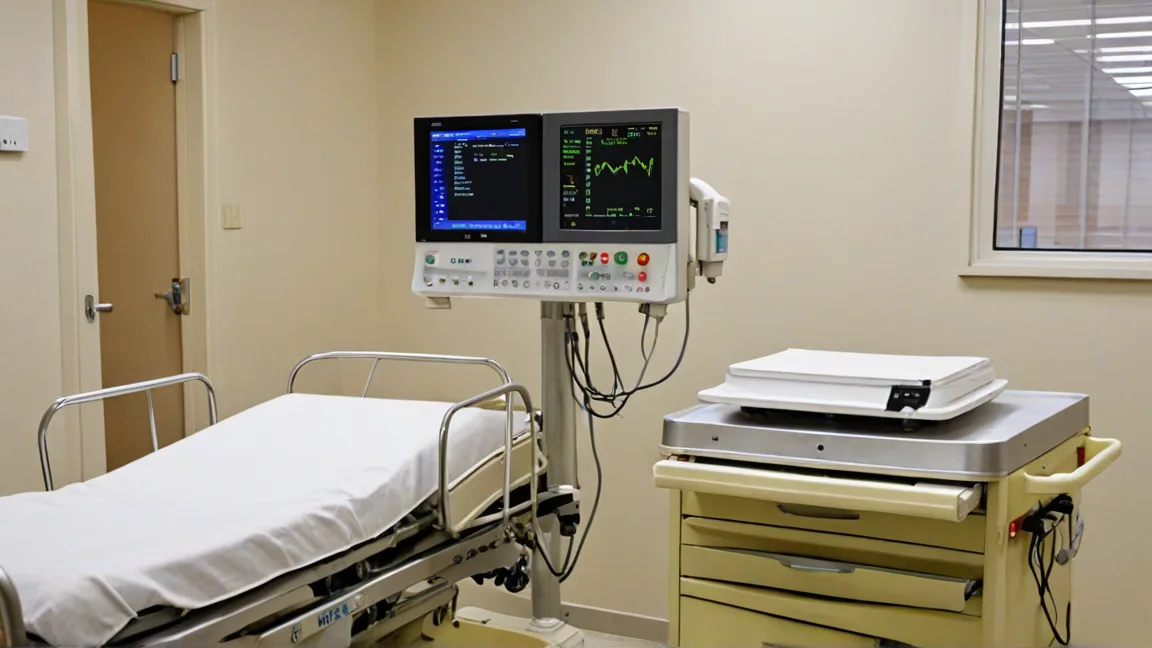 Crash cart with a monitor-defibrillator parked in a hospital ER bay
