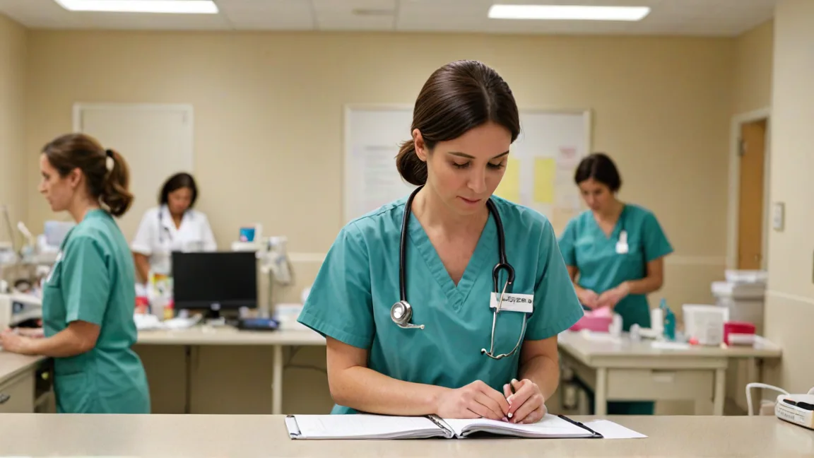 ER nurses at the nurses station, one charting in a logbook