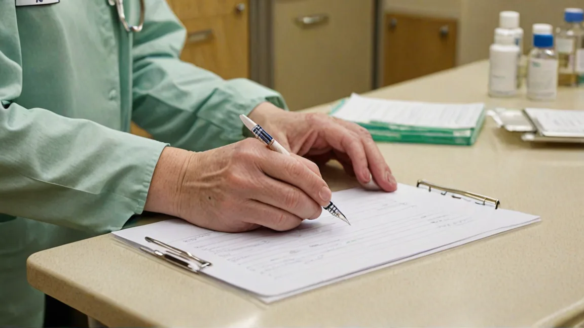 Nurse documenting a wasted medication dose on a log sheet