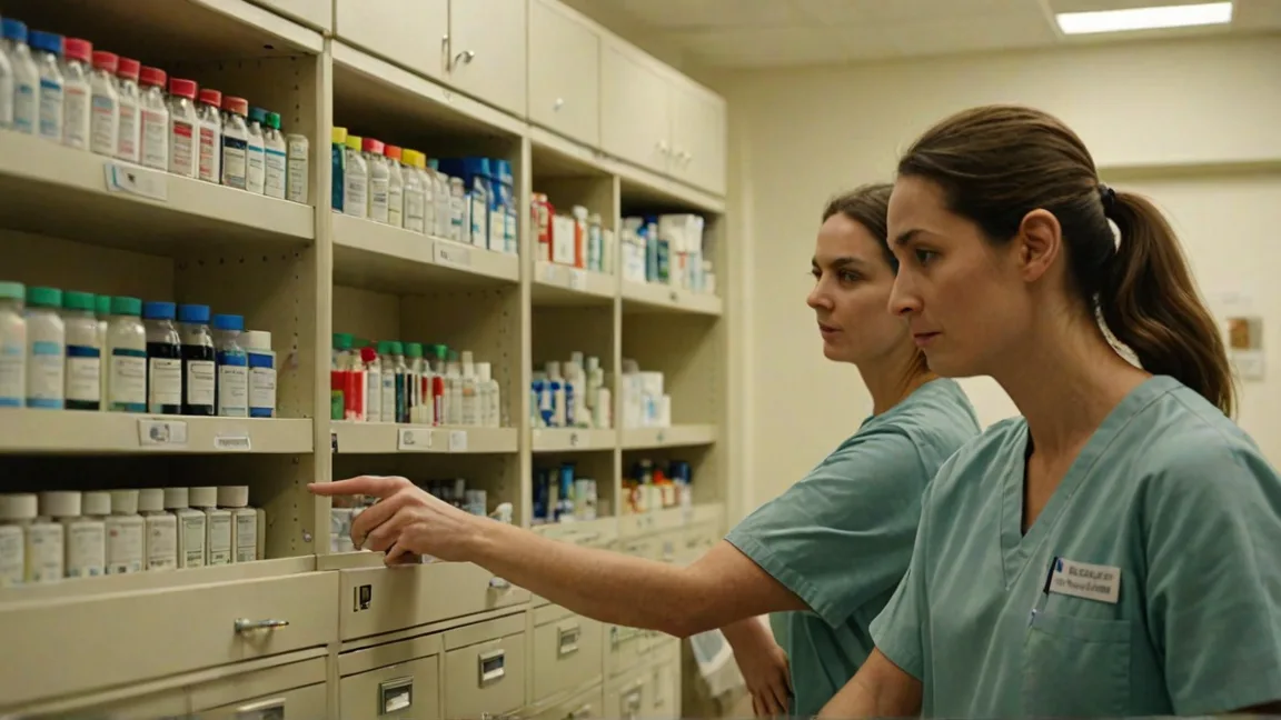Two nurses performing a narcotic count at an automated dispensing cabinet