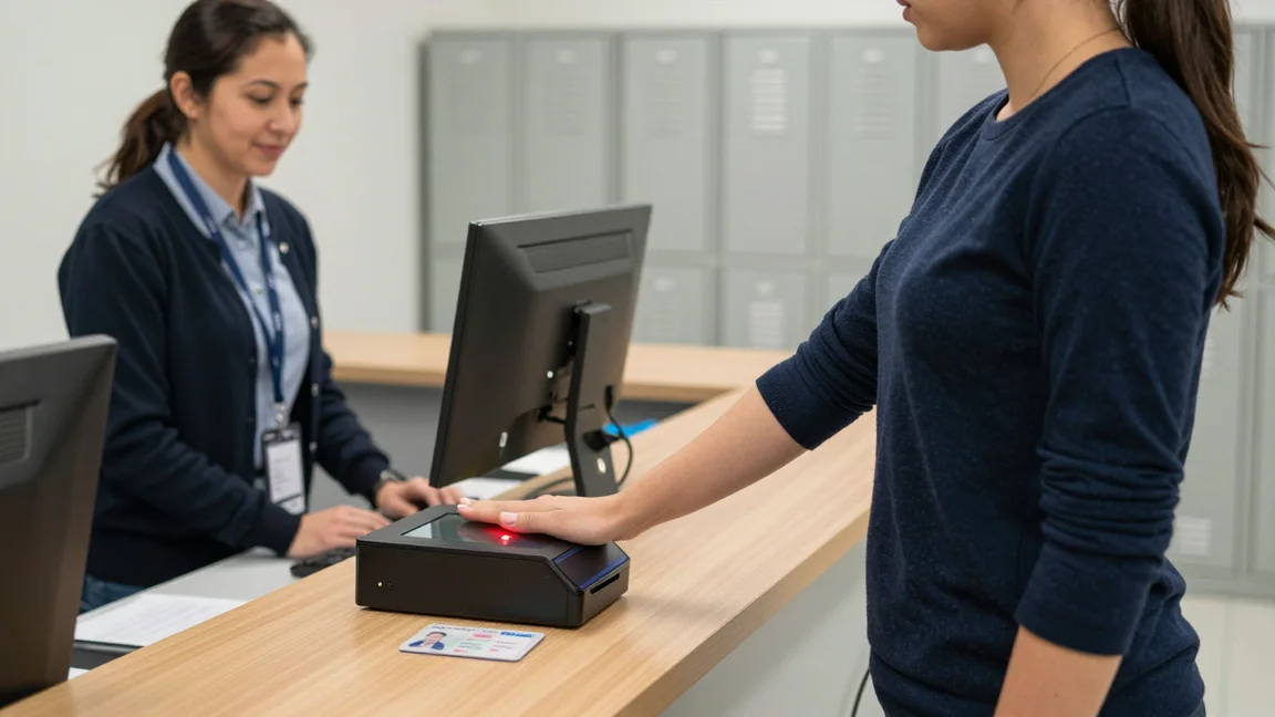 NCLEX candidate placing her palm on a biometric scanner at test center check-in