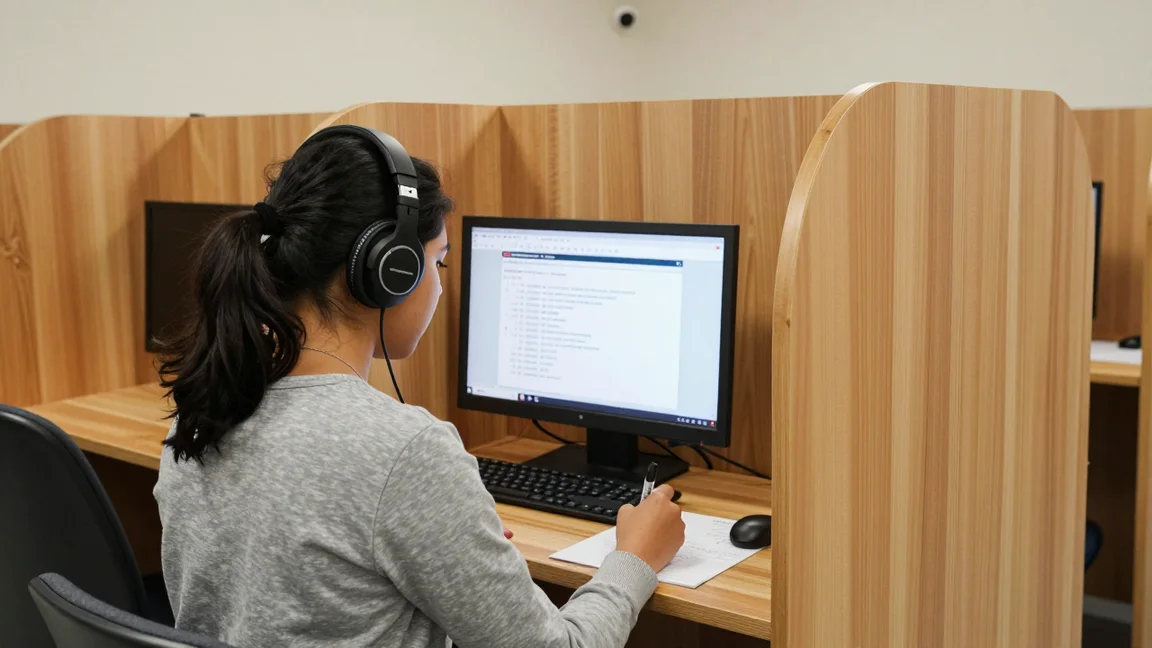 NCLEX candidate in headphones writing notes at a private wooden testing carrel