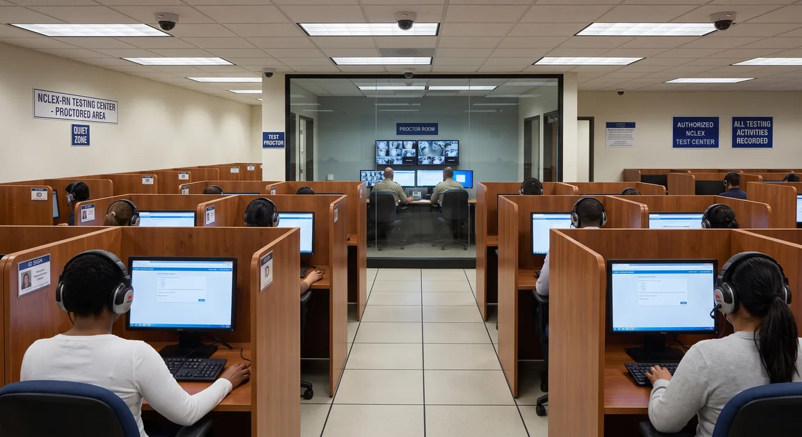 NCLEX candidates testing in tall private carrels with a glass-walled proctor room