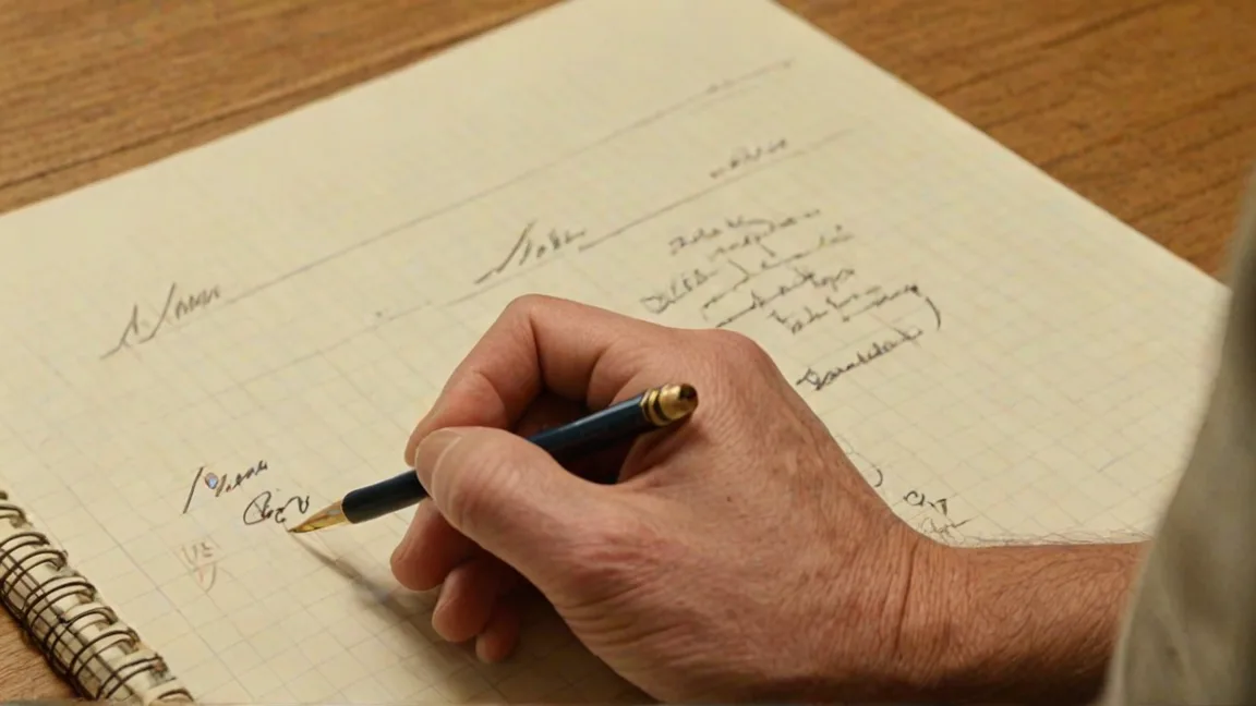 Hand writing study notes on paper beside a laptop