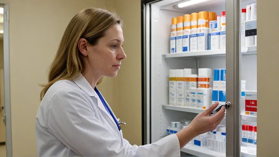 Nurse checking a digital temperature logger on a medical refrigerator