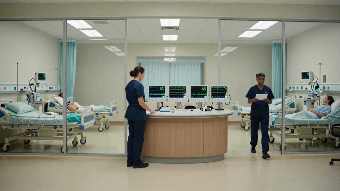 Nurses at a central station with cardiac rhythm monitors, surrounded by glass-walled patient bays