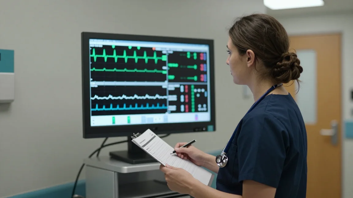 Nurse checking heart rhythms on a central monitor and noting them on a report sheet