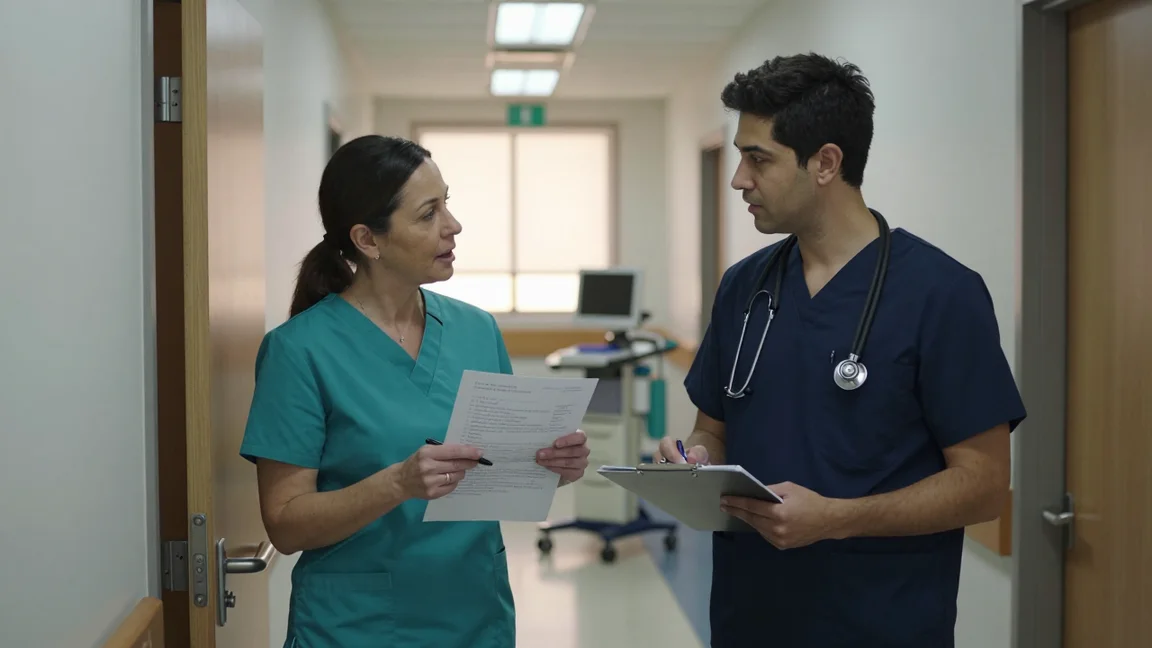 Two nurses going over a report sheet during shift handoff in a hospital hallway